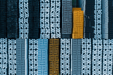 Aerial view of abstract beer barrels stored in rows, Leuven, Belgium.