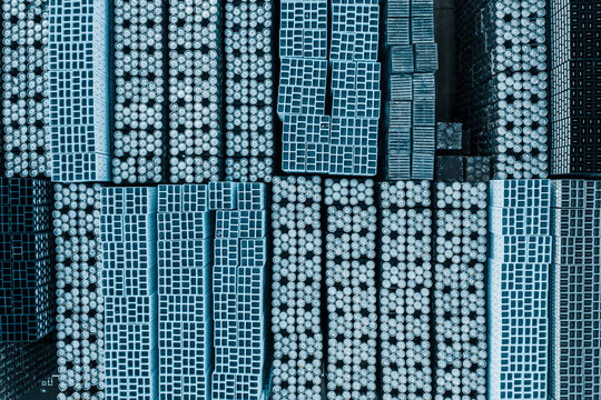 Aerial view of abstract beer barrels stored in rows, Leuven, Belgium.
