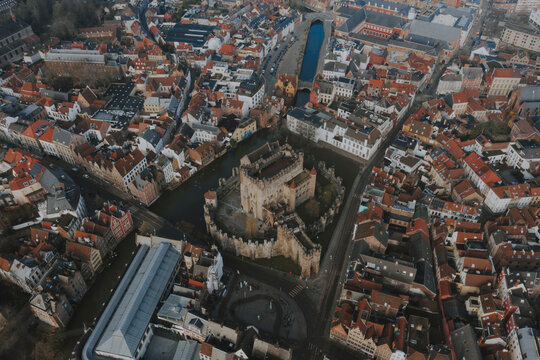 Aerial view of the medieval Castle of the Counts, Gravensteen in Ghent, Belgium.