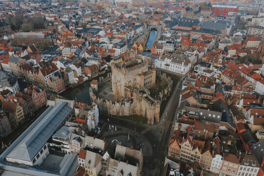 Aerial view of the medieval Castle of the Counts, Gravensteen in Ghent, Belgium.