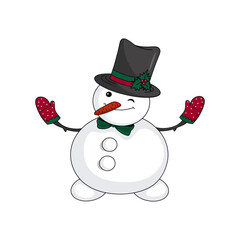 Cartoon winking Snowman with bow tie,  top hat, strawberry mittens on branch hands. Christmas and New Year Holiday character. Vector clipart, element Isolated for greeting card, invitation, postcard
