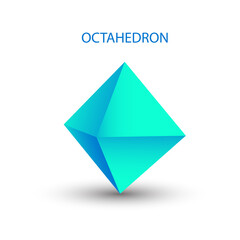 Vector illustration of a blue octahedron on a white background with a gradient for for game, icon, logo, mobile, ui, web. Platonic solid. Minimalist style.
