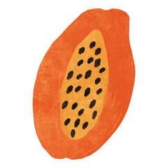 Tropical bright papaya fruit on a white background. Illustration of gouache half of papaya for print, textile. Isolated clip-art fruit in flat style.