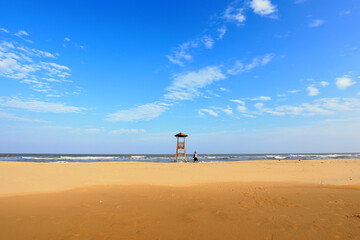 Fototapeta na wymiar The watchtower is on the beach, on the seashore, in North China