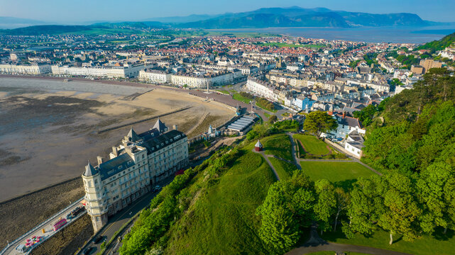 Drone photograph of Llandudno promenade and Grand Hotel