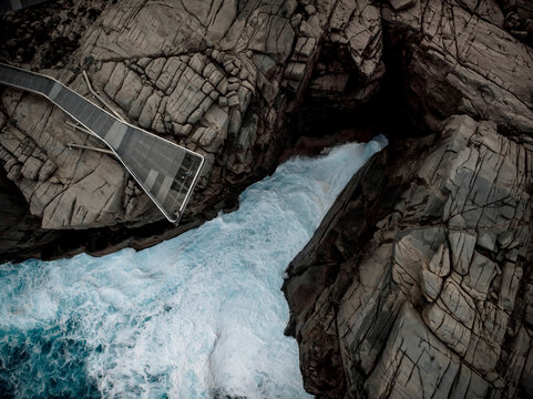 Aerial view of two people on the Granite Skywalk, Castle Rock, Porongurup National Park Western Australia, Australia.