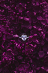 White gold engagement ring with a heart-shaped diamond lying among  dark purple lilac flowers. An...