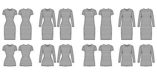 Set of Dresses sailor technical fashion illustration with stripes, long elbow short sleeve, knee mini length pencil skirt. Flat apparel front, back, white color style. Women, men unisex CAD mockup