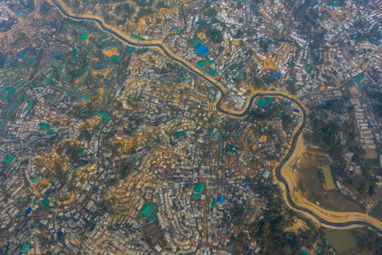 Aerial view of a huge refugee camp with makeshift houses near Myanmar border, Kutupalong Rohingya camp near Ukhia town, Bangladesh.