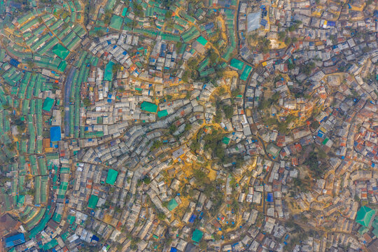Aerial view of a huge refugee camp with makeshift houses near Myanmar border, Kutupalong Rohingya camp near Ukhia town, Bangladesh.