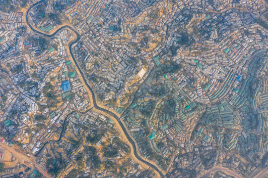 Aerial view of a huge refugee camp with makeshift houses near Myanmar border, Kutupalong Rohingya camp near Ukhia town, Bangladesh.