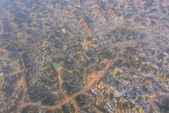 Aerial view of a huge refugee camp with makeshift houses near Myanmar border, Kutupalong Rohingya camp near Ukhia town, Bangladesh.
