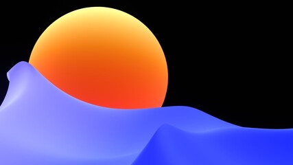 Sunset in abstract sea background. Gradient huge red 3d render sun bathed in blue waves. Yellow glow with orange rays against black night sky. Japanese style fine arts