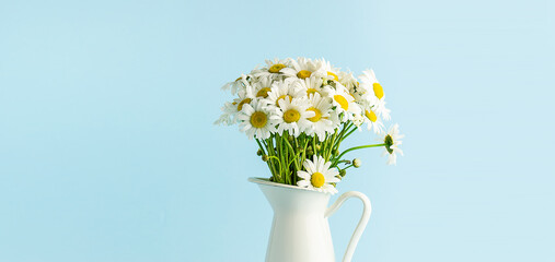 Bouquet of beautiful chamomile flowers in white vase in light blue background. Summer greeting card concept. Artistic still life with flowers.