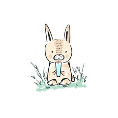 Cute sketch hand drawn color pencil rabbit illustration. Bright cartoon childish funny hare with juice for kids print design, textile decoration, greeting cards, print, stickers, logo