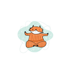 Cute sketch hand drawn color pencil orange fox illustration. Bright cartoon childish funny body positive yoga animal for kids print design, textile decoration, greeting cards, print, stickers, logo