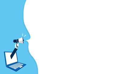 パソコンから出るメガホンのイラスト、広告イメージ、テキストスペース、ベクター