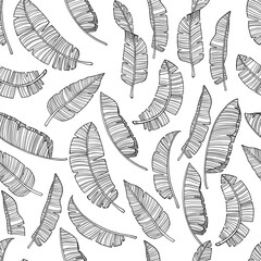 Banana vector seamless pattern. Isolated hand drawn peel object, bunch on white background. Summer fruit engraved style illustration. Detailed vegetarian food.