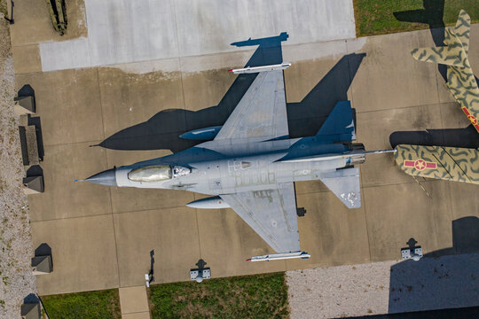 Vincennes, United States - 18 July 2020: Aerial view of a jet airplane at Indiana military Museum in Vincennes, United States.