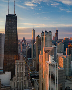 Chicago, United States - 25 October 2020: Aerial view of Chicago city center, view of downtown city at sunset, Chicago, Illinois, United States.