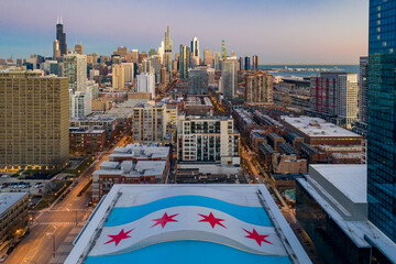 Chicago, United States - 25 October 2020: Aerial view of Chicago city center, view of downtown city at sunset, Chicago, Illinois, United States.