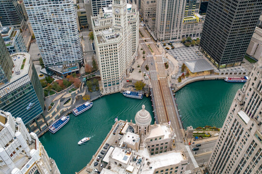 Chicago, United States - 25 October 2002: Aerial view of Bataan Corregidor Memorial bridge crossing Chicago river in city downtown, Chicago, Illinois, United States.