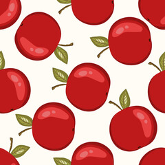 Seamless pattern with apple on white background. Natural delicious fresh tasty fruit. Vector illustration for print, fabric, textile, banner, other design. Stylized apples with leaves. Food concept