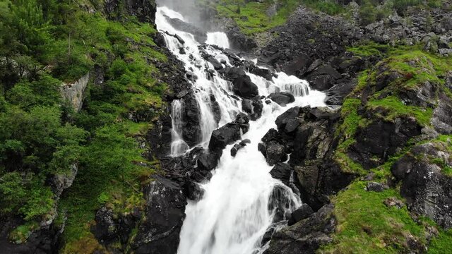 Aerial view. Norwegian landscape. Twin waterfall Latefoss or Latefossen in summertime, Odda Hordaland County in Norway. National tourist Hardanger road 13.