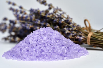 Lavender bath salt isolated on white