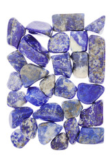 Lapis lazuli heap jewel stones texture on white light background