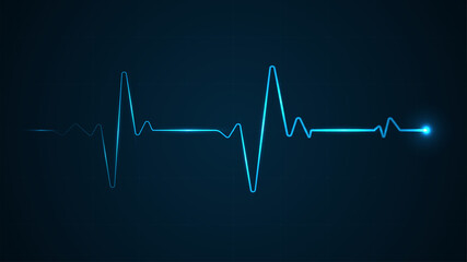 Blue glowing neon heart pulse. Heart beat
