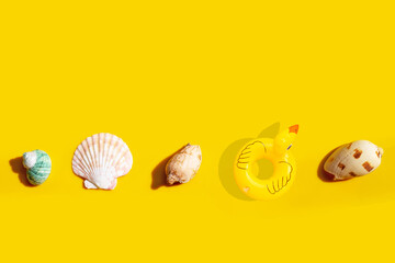 Duck inflatable swimming pool ring with exotic seashells on yellow background.