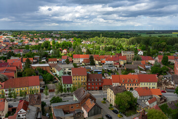 Fototapeta na wymiar Old town of Juterbog from the height of the bell tower of the Church of St. Nicholas. Juterbog is a historic town in north-eastern Germany, in the district of Brandenburg.