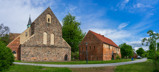 Fototapeta na wymiar Panoramic view of Zinna Abbey is a former Cistercian monastery, the site of which is now occupied by a village also called Kloster Zinna, today part of Jueterbog in Brandenburg, Germany.