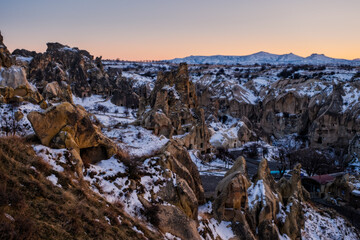 Cappadocia, Anatolia, Turkey. Open air museum, Goreme national park at sunset time. February 2021