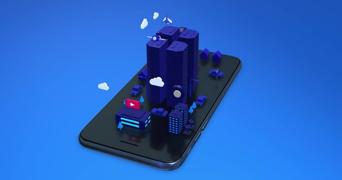 Isometric 3D City Animation On Smart Phone. Futuristic Smart City At Night. Loop. Technology Related 3D 4K Motion Graphics.
