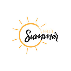 emblem of hello summer lettering with sun isolated on white background