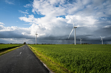 Éoliennes dans un champ au bord d'une route de campagne