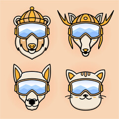 bundle of four cute animals heads ski winter activity. set icons vector illustration design