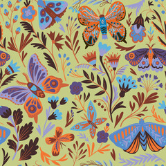 Fototapeta na wymiar Elegant seamless pattern with decorative abstract flowers, butterflies and moths in doodle style. Vector illustration.