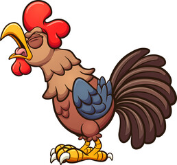Crowing cartoon rooster with blue wings. Vector clip art illustration with simple gradients. All on a single layer.
