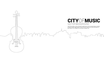 Vector silhouette of violin with city from one line. Concept for city of classic music. © Panithan