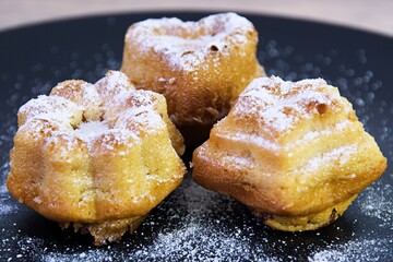 Sweet juicy muffins sprinkled with vanilla sugar on a black plate