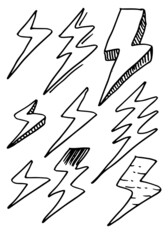 set of hand drawn vector doodle electric lightning bolt symbol sketch illustrations. thunder symbol doodle icon .