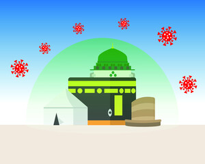 A vector of Hajj places need to visit Kaaba, Arafah tent, Nabawi mosque, Jamrah, protection dome and coronavirus. Pray for protection of all pilgrimage perform Hajj and Umra from Covid-19