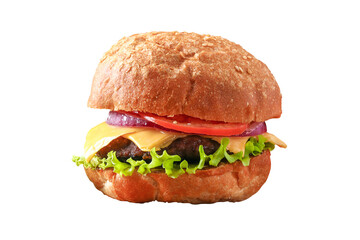 Homemade hamburger with cutlet, salad, onion, tomato and cheese. Cheeseburger, burger isolated on white background. Close-up of home made burgers