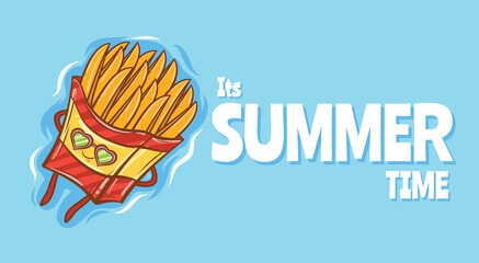 cute fried potatoes floating relax with a summer greeting banner