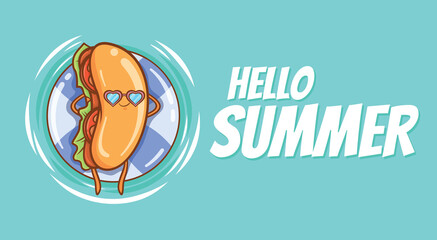 cute hot dog floating relax with a summer greeting banner