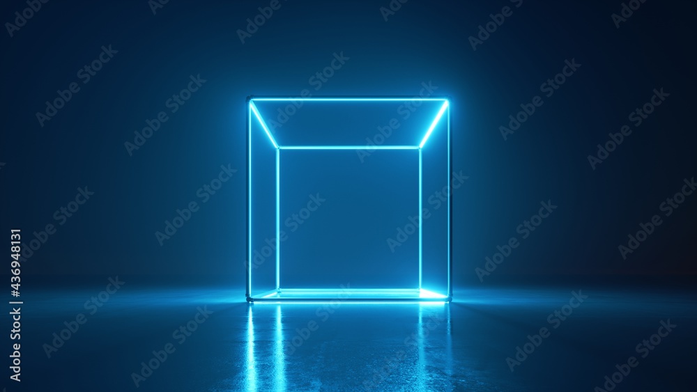 Sticker 3d render, abstract neon background with cube glowing with blue light