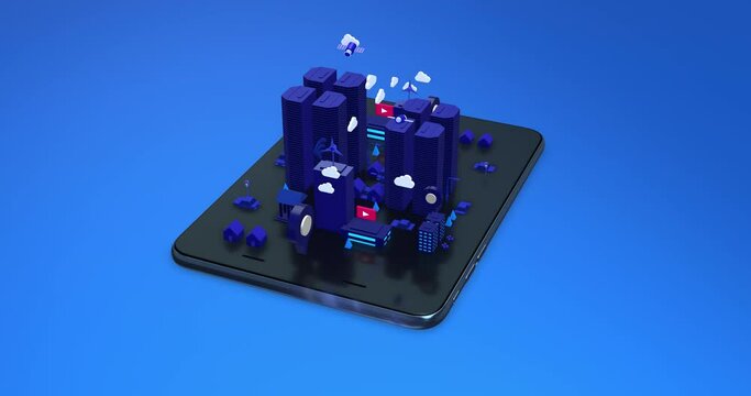 Digital Advanced Smart City. Artificial Intelligence. Wireless Network. Night Time. Technology Related 3D 4K Motion Graphics.